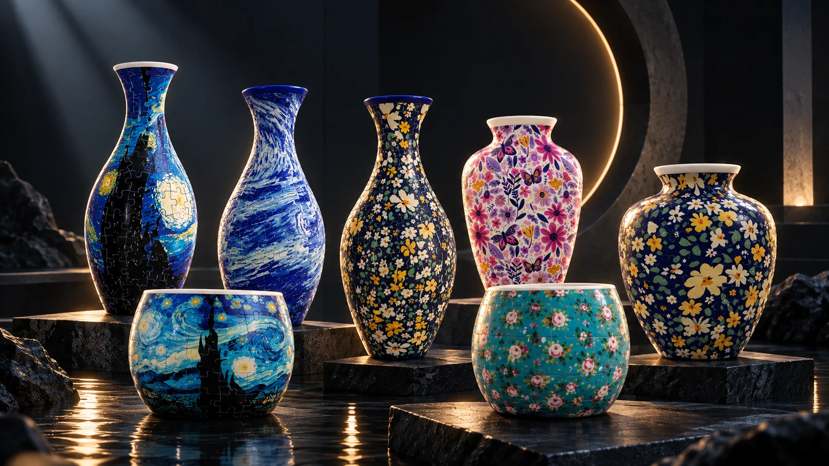 Seven sculptural MAZI puzzle vases on a dark, warmly lit stage